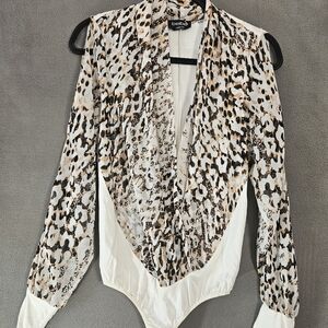 Bebe Y2K Bodysuit Cowlneck Deep Vneck Sheer Cheetah Cold Shoulder Party Large